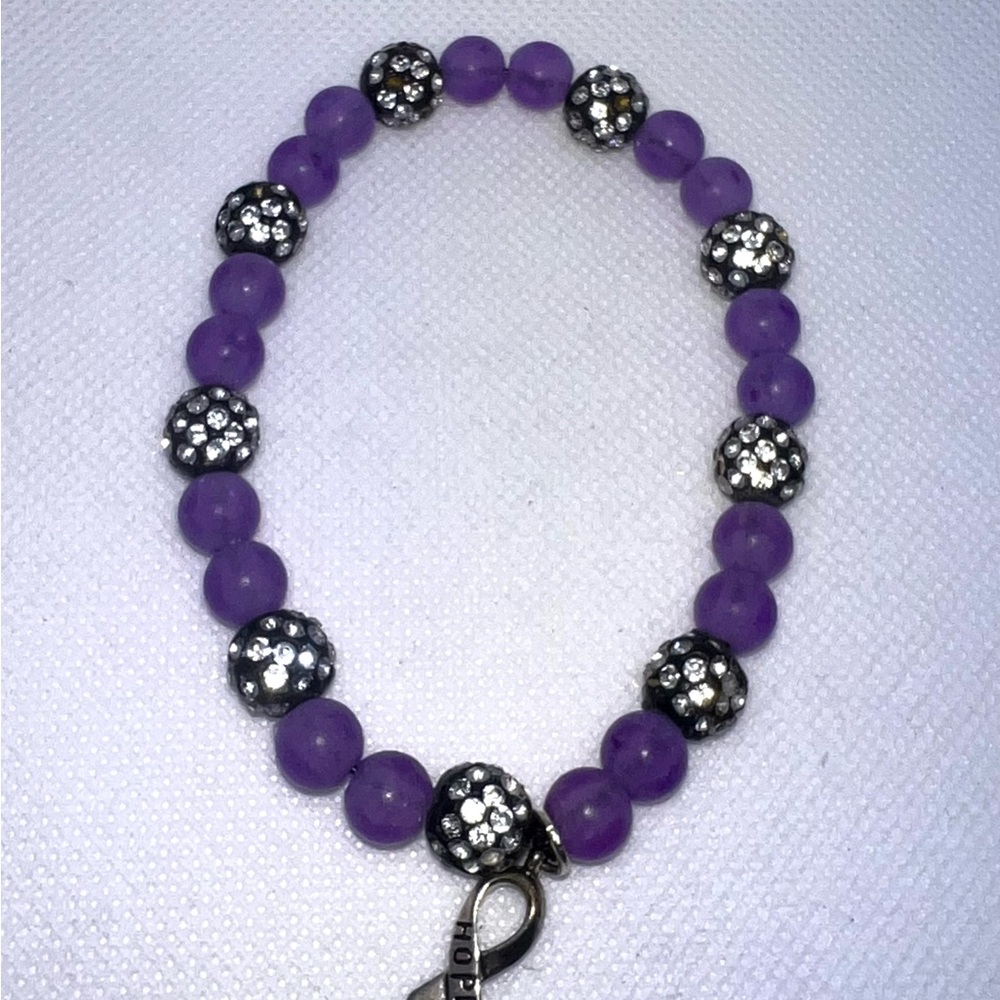 Purple Beaded Bracelet with Rhinestone Balls and‎ Hope Charm